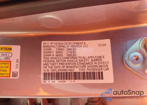 2024 Honda Civic Lx из США, поврежденный, VIN 19XFL2H5XRE016837